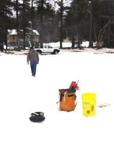 Ice fishing at camp