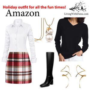 Holiday outfit featuring plaid mini skirt