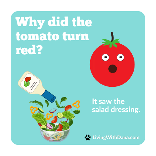 Cartoon illustration featuring a surprised tomato character and a salad with the joke 'Why did the tomato turn red? It saw the salad dressing.'