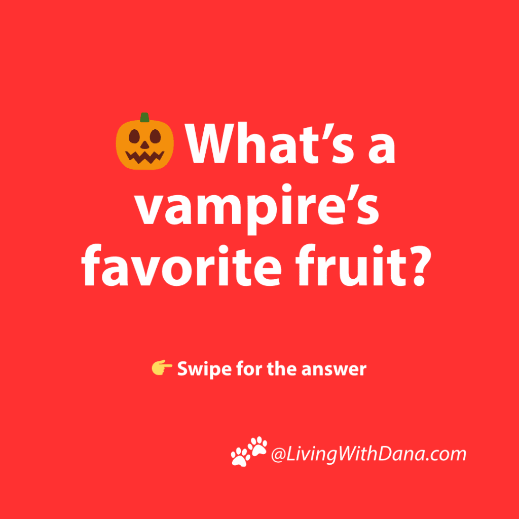 Graphic featuring the text: 'What’s a vampire’s favorite fruit?' with a pumpkin emoji on a red background. Includes an arrow indicating to swipe for the answer and the website handle '@LivingWithDana.com'.