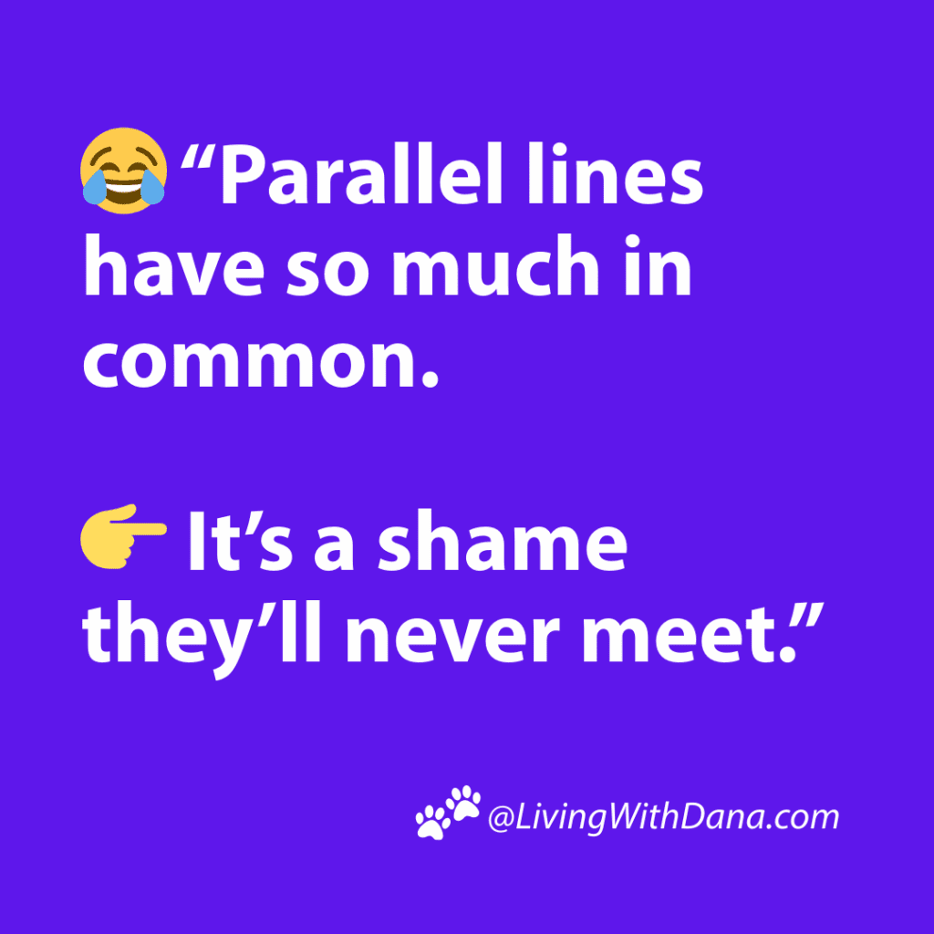 A humorous graphic featuring a joke about parallel lines on a bright purple background. The text reads: 'Parallel lines have so much in common. It's a shame they'll never meet.'